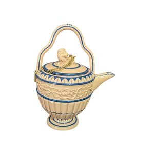 Nini Lion Caneware Teapot Hand Painted Miniature Tan Blue 6-17 Ceramic Decor